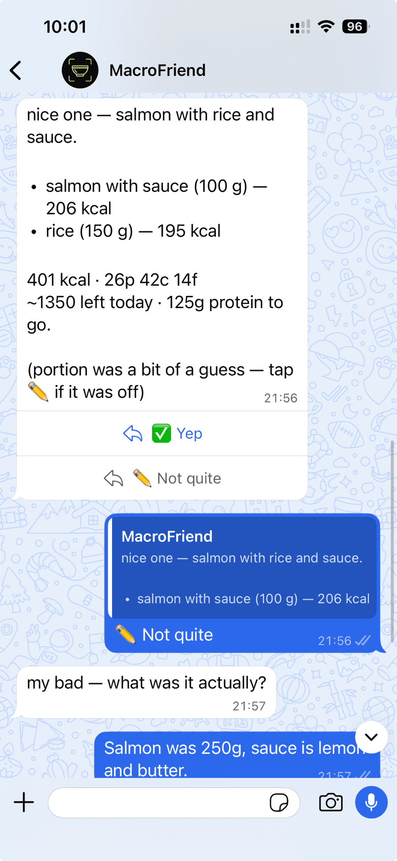 MacroFriend itemises the meal: salmon and rice with calories and macros, and offers Yep or Not quite buttons