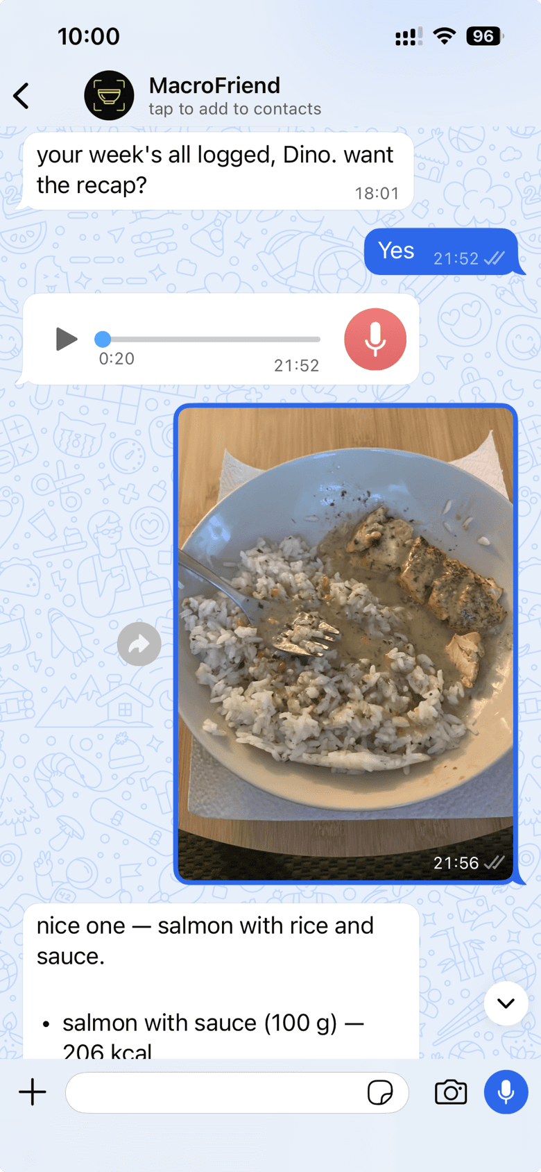 Real MacroFriend conversation in WhatsApp: the weekly recap offer, a voice-note reply, and a photo of salmon with rice being logged